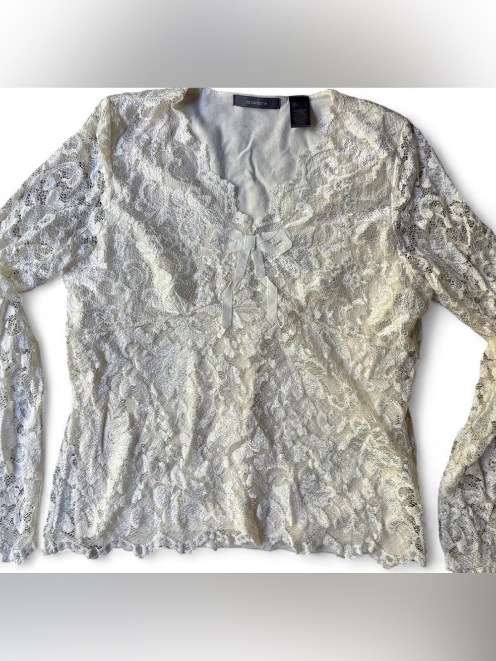 Vintage Liz Claiborne Cream Floral Lace Bow Blouse Size L